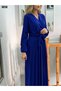 New Season Women's Long Sleeve Double Breasted Lapel Waist Belted Pleated Imported Crepe Hijab Dress - 2