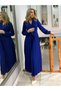 New Season Women's Long Sleeve Double Breasted Lapel Waist Belted Pleated Imported Crepe Hijab Dress - 3