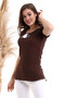 22484874 Krinkle Hemline Pompom Madonna Collar Short Sleeve Blouse BROWN - 6