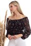 20333364 Chiffon Patterned Waistband with Ruffled Neckline Elastic Long Sleeve Blouse Black Tile - 4