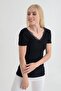 91515270 Ribbed Knit Front and Back V Lace Short-Sleeved Blouse Black
