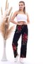 20070786 Knitted Crepe Elastic Waist Wide Leg Trousers Black Fusia - 4