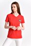 9282822 Single Jersey Short Sleeve V-Neck Blouse with Crown Stones on the Chest Red - 5