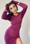Women's Stretchy Plum Sandy Fabric Midi Evening Dress with Drawstring and Tie-Up Detail 328 - 2
