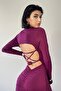 Women's Stretchy Plum Sandy Fabric Midi Evening Dress with Drawstring and Tie-Up Detail 328 - 3