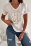 Women's White V-Neck Seashell Sequin Embroidered 100% Cotton T-Shirt - 5