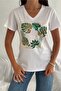 Women's White V-Neck Tropical Leaf Sequin Sequin Embroidered 100% Cotton T-Shirt - 2