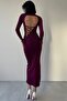 Women's Flexible Sandy Fabric Backless Low-Cut Tie-Up and Slit Design Midi Plum Dress 327 - 5