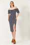 Women's Navy Blue Carmen Collar Slit Summer Knitted Dress 70292 60271034 - 3