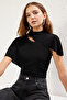 Black Cut Out/Window Detail Draped Glittery Knitted Blouse TPRSS25BZ00012