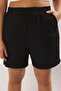 Siyah Relaxed Fit Dokulu Kumaş Büyük Beden Örme Şort & Bermuda TBBSS25AP00005 - 4