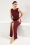 Bordo Fitted/Vücuda Oturan Kalem Yırtmaçlı Örme Alt-Üst Takım TWOSS25AU00009