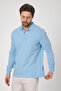 Fonte Men's Blue 100% Cotton Pique Knitted Stretchy Fabric Slim Fit Long Sleeve Polo T-Shirt - 5