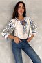 Women's White Blue Leaf Embroidered Short Sleeve Tie-Detail Cotton Blouse - 7