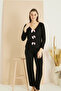 Black Ribbon Detailed Viscose Knitted Pajama Set 7814 - 2