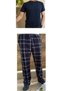 Navy Blue Regular Fit Bottom Plaid Checked Cotton Knitted Crew Neck Men's Pajama Set with Pockets - 2