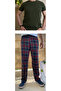 Burgundy Regular Fit with Pockets Bottom Plaid Checkered Cotton Knitted Crew Neck Men's Pajama Set