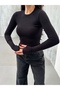 Women's Black Cotton Finger Snap Detail Long Sleeve Crew Neck Blouse - 5