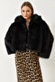 Women's Black Collared Faux Fur Lined Coat 38120 60251969 - 3