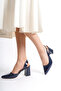 Women's Navy Blue Patent Leather Asymmetrical Strappy Pointed Toe Thick Heeled Shoes - 6