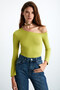 Waleska Women's Viscose Lycra Boat Neck Single Shoulder Low-Cut Green Blouse