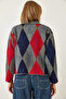 Women's Anthracite Navy Blue Polo Collar Patterned Knitwear Sweater 20247580 - 6
