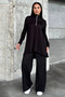 Black Asymmetrical Cut, Zippered Blouse & Wide Leg Pants - Viscose Two Yarn Fabric Top & Bottom Set - 5