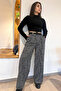 Black Women's Winter Snowflake Patterned Pleat Detailed Belted Palazzo Trousers - 6