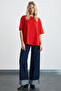 Lagertha Women's 100% Organic Cotton Thick Textured Oversize Fit Round Neck Red T-Shirt - 2