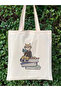 Cat and Books Raw Cloth Tote Bag, Pinterest Bag, Book Bag