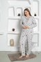Gray Floral Print Large Size Women's Long Sleeve Materni Pajamas Set - 100% Cotton Combed Cotton Seasonal