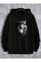 Men's Black Wolf Printed 3 Thread Hooded Hoodie Sweatshirt - 3