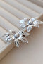 Silver Shiny Natural Form Pearl Flower Detailed Modern Earrings
