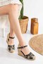 Daisy Printed Ital Material Straw Detailed Black Wedges Shoelaces