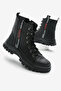 Women's Black Leather Thermo Sole Side Stripe Lettering Lace up and Zippered Boots