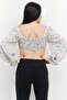 Women Tie Neck Balloon Sleeve Floral Pattern Crop Top, Multicolor - 2