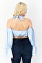 Women Halter Neck Cold Shoulder Solid Top, Light Blue - 3