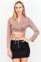Women Petite Surplice Neck Long Sleeve Textured Top, Brown