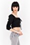 Women Square Neck Long Sleeves Crop Top, Black - 3