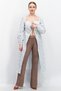 Women Tie Neck Balloon Sleeve Allover Print Maxi Blouse, White Combo