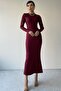 Women's Stretchy Sandy Fabric Long Sleeve Midi Burgundy Basic Dress 323 - 4