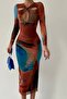 Lined Tie-Dye Pattern Tulle Fabric Bust Low-Cut Detail Midi Evening Dress 322 - 4