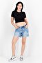 Women Washed Denim Shorts, Blue - 4