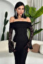 Black Madonna Neck Lined Premium Lace Dress