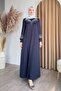 Navy Blue Scuba Dress with Rhinestone Pearls - 3