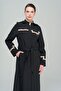 High Collar Detachable Hooded Garni Detailed Lined Long Trench Coat BLACK 4295 - 3
