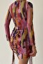 Women's Digital Print Lined Tulle Fabric Drawstring Detail Adjustable Length Dress 325 - 3