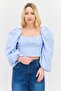 Women Square Neck Balloon Sleeves Gingham Crop Top, Light Blue