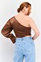 Women Asymmetrical Neck One Shoulder Sleeves Ring Detail Crop Top, Brown - 3