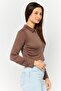 Women Spread Collar Long Sleeve Jacquard Printed Crop Top, Brown - 3